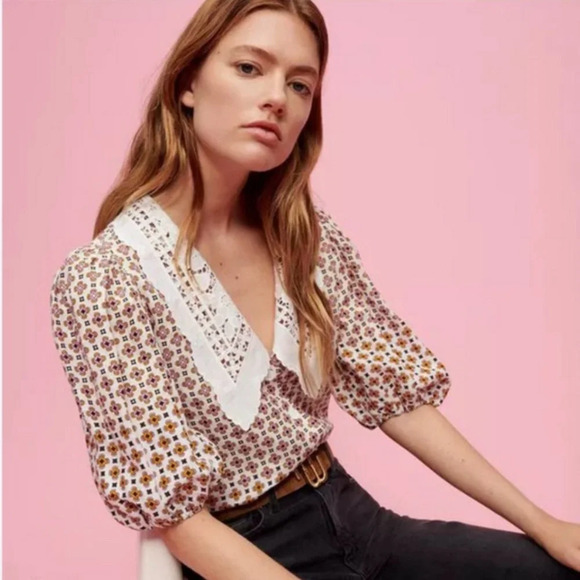 Maje Tops - Maje Cosange Embroidered Collar Button Down Linen Shirt